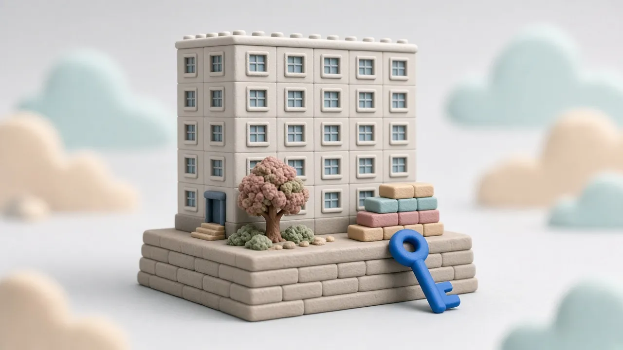 Ein Berliner Wohnblock aus Ton auf einem soliden Fundament, daneben eine Rücklage aus Steinen und ein blauer Schlüssel.