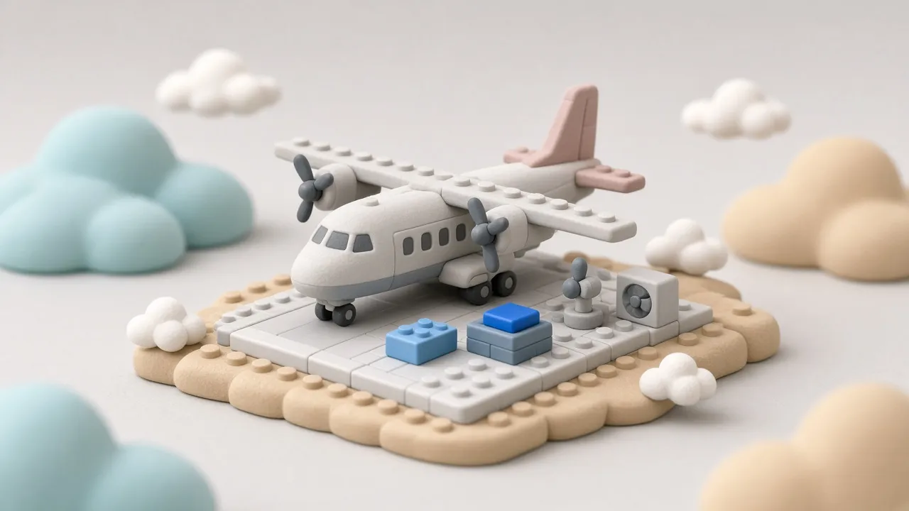 A clay high-wing regional airliner with two propellers on a short runway pad, a blue battery brick beside it.