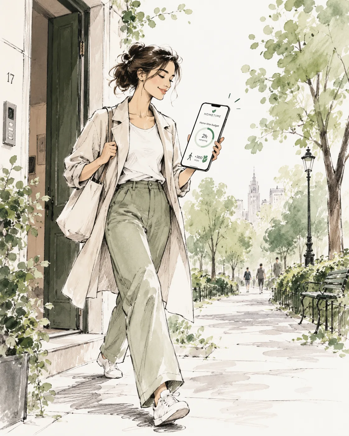 Aquarellzeichnung: Eine Frau tritt lächelnd aus einer Haustür auf eine baumgesäumte Straße und hält ein Smartphone, auf dem HOMETIME ein Zeitbudget von zwei Stunden als grünen Fortschrittsring anzeigt.