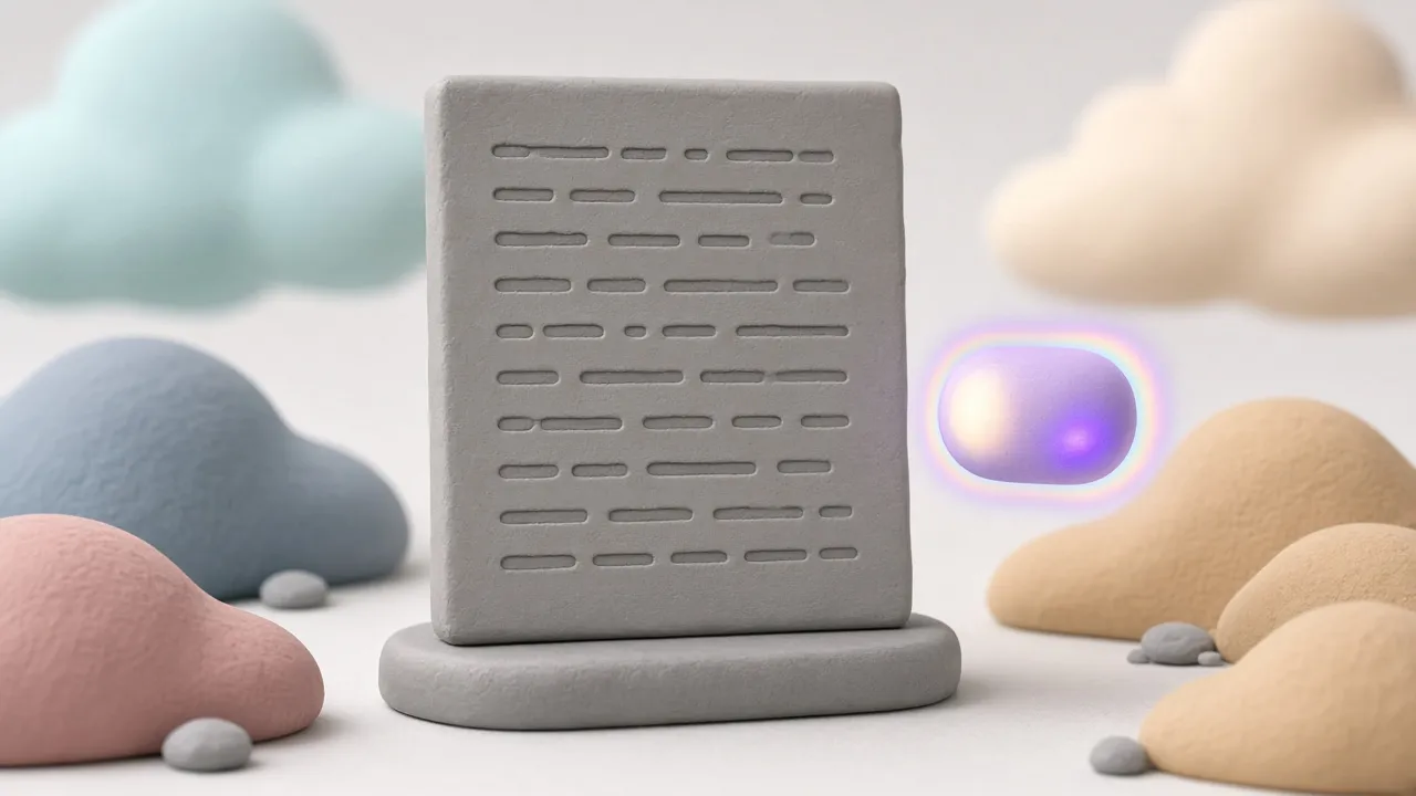 A large clay document slab with a small glowing assistant orb resting at its edge.