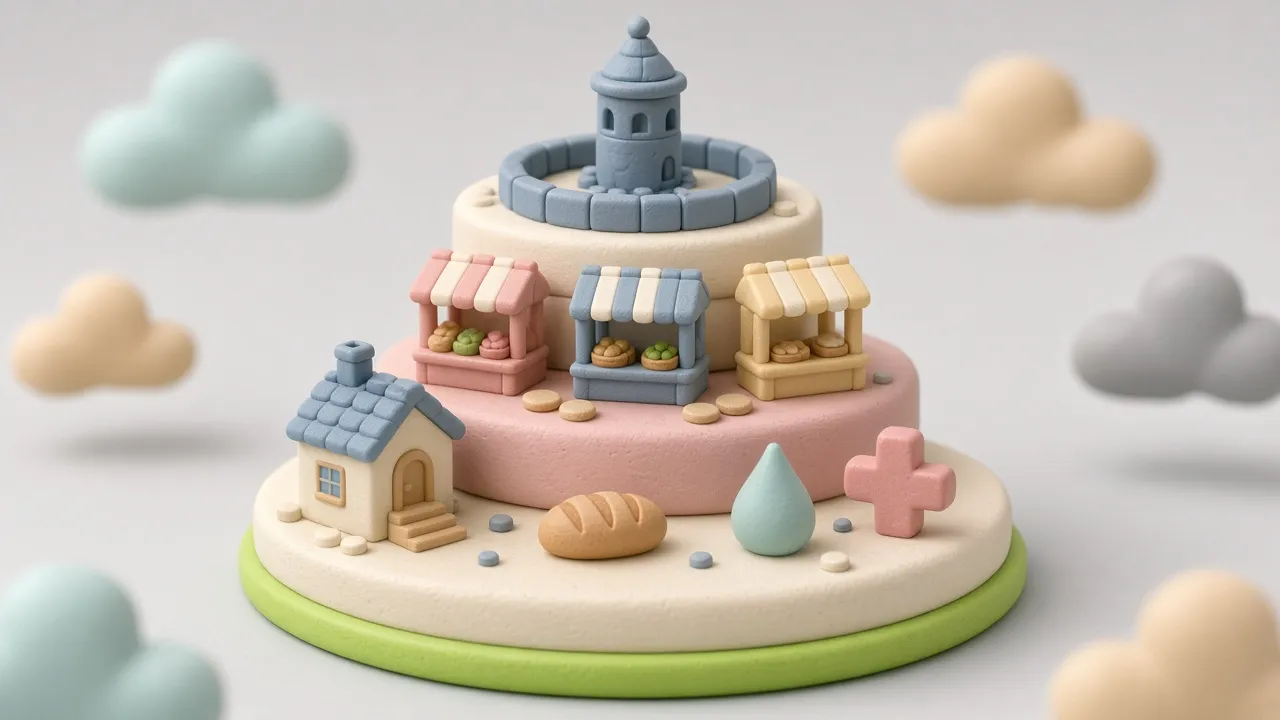 Three clay layers: a wide foundation with a house, bread, water and care; a market of stalls; a small fenced tower on top.