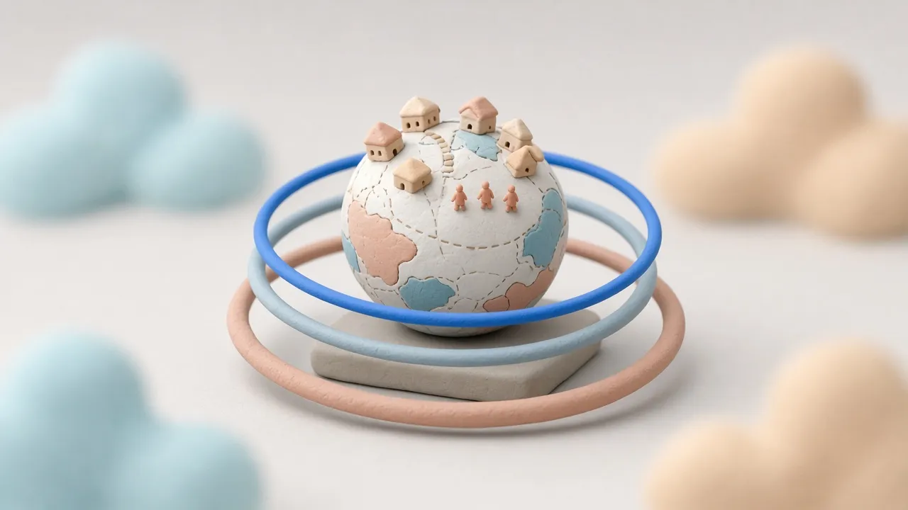 Ein Globus aus Ton mit kleinen Häusern, umgeben von drei Ringen für lokale, regionale und globale Ebenen.
