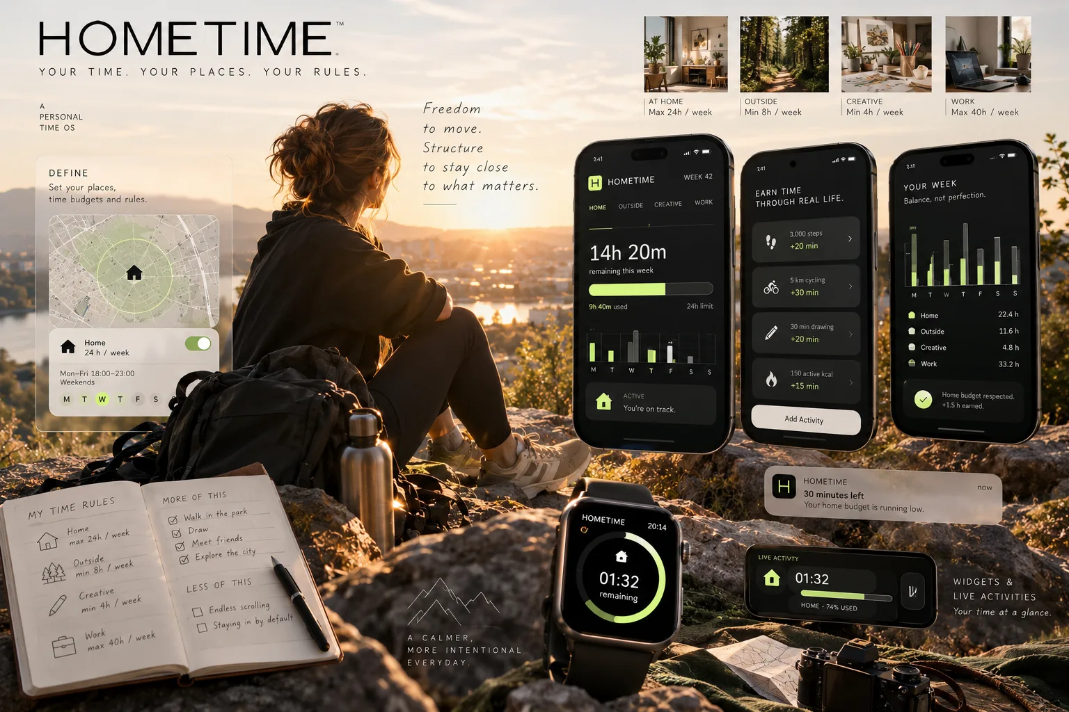 Produkt-Board von HOMETIME: Eine Frau sitzt bei Sonnenuntergang auf einem Felsen über einer Stadt; darum angeordnet Dashboard-Screens mit Wochenbudgets, eine Apple Watch mit Fortschrittsring, Widgets und ein Notizbuch mit handgeschriebenen Zeitregeln.